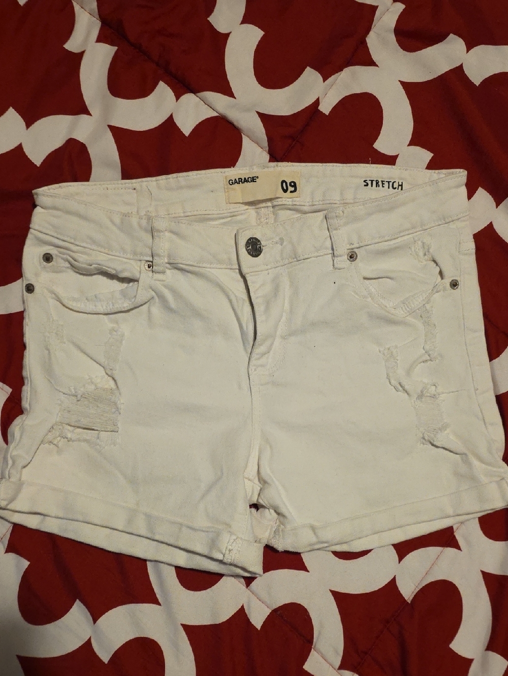 Garage White Distressed Stretch Denim Shorts